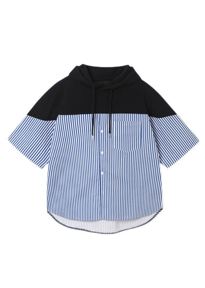 Sweatshirt Patchwork Summer Hooded Men Blue Striped Cotton Cool