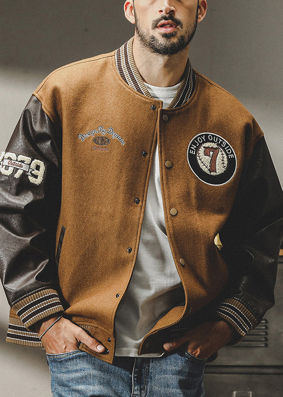 Cool Patchwork Men Woolen Parkas Brown Button TC007 Spring