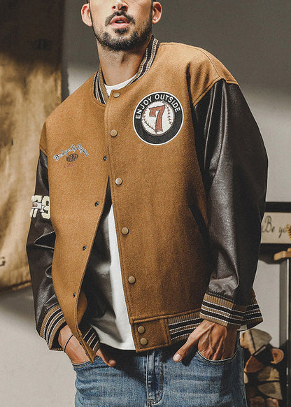 Cool Patchwork Men Woolen Parkas Brown Button TC007 Spring