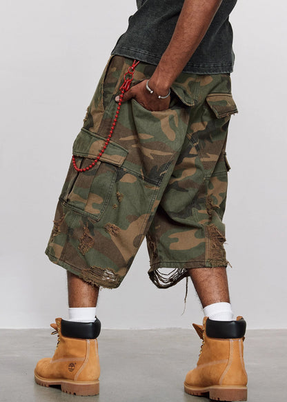 Crop Cool Cotton Pockets High Mens Waist Camouflage Pants Hole