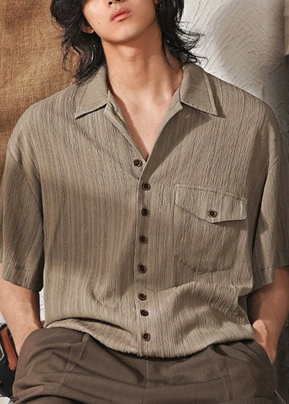 Peter Collar Coffee Men Shirt Pockets Cool Pan Button Ice Silk