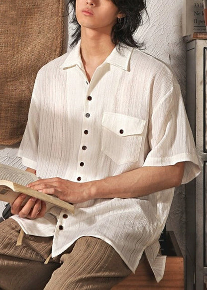 Peter Collar Coffee Men Shirt Pockets Cool Pan Button Ice Silk