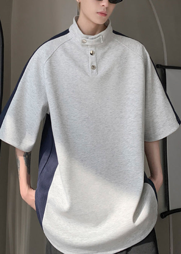 Graphic Stand Cool Summer Mens Grey Tees Collar Patchwork Cotton