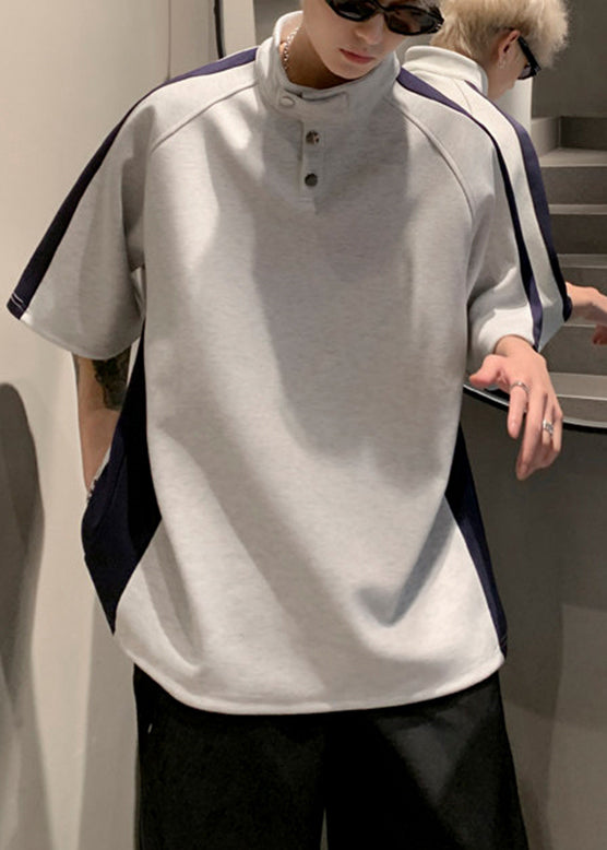 Graphic Stand Cool Summer Mens Grey Tees Collar Patchwork Cotton