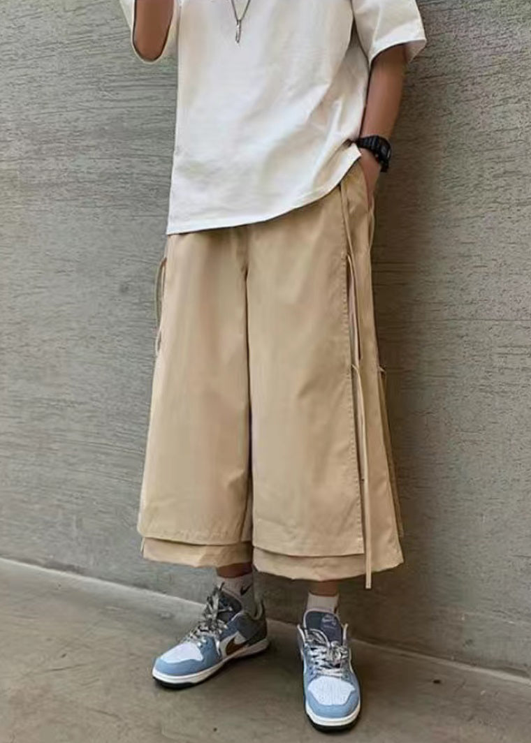 Cool Khaki Pockets Tassel Patchwork Fake Two Pieces Mens Crop Pants YT004