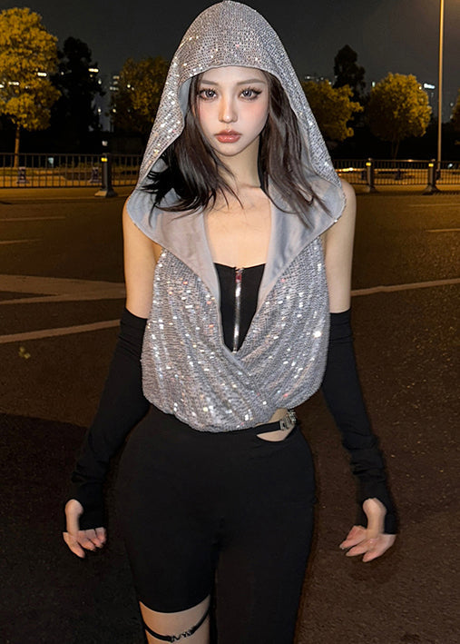 Neck Two-Piece Hooded Zipper Cool Sequin Hanging Set T-Shirt