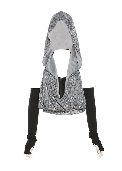 Neck Two-Piece Hooded Zipper Cool Sequin Hanging Set T-Shirt