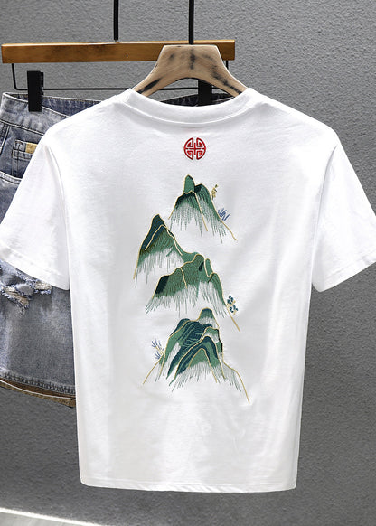 Neck Shirts T White Cotton Cool O Summer Embroideried Men