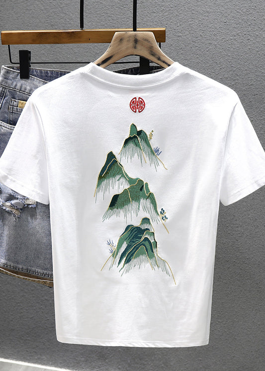 Neck Shirts T White Cotton Cool O Summer Embroideried Men