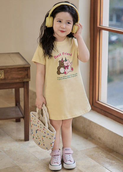 Cozy Apricot O Neck Print Cotton Girls T Shirt Dress Summer TT011