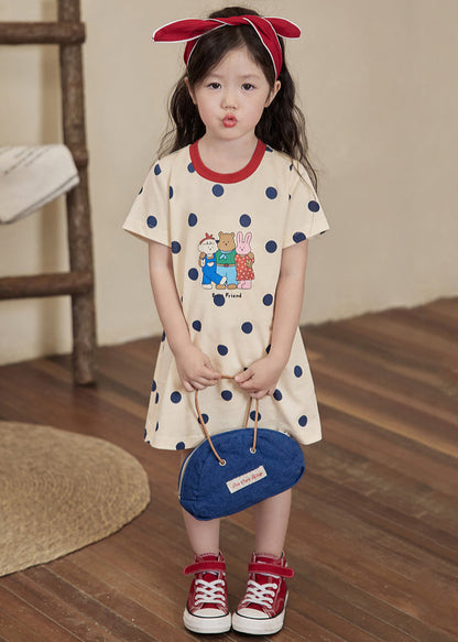 Cozy Apricot O Neck Print Cotton Girls T Shirt Dress Summer TT011