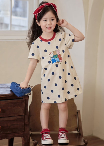Cozy Apricot O Neck Print Cotton Girls T Shirt Dress Summer TT011