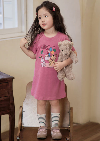 Cozy Apricot O Neck Print Cotton Girls T Shirt Dress Summer TT011