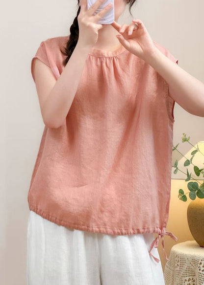 Solid Summer Shirt O Cozy Linen Pink Neck