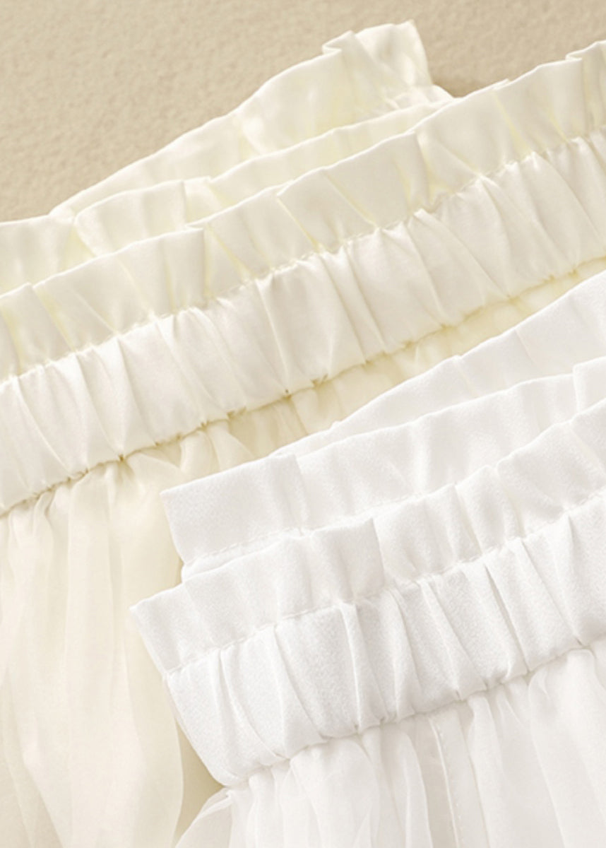 Cute Apricot Elastic Waist Wrinkled Patchwork Tulle Skirts Summer AM1048