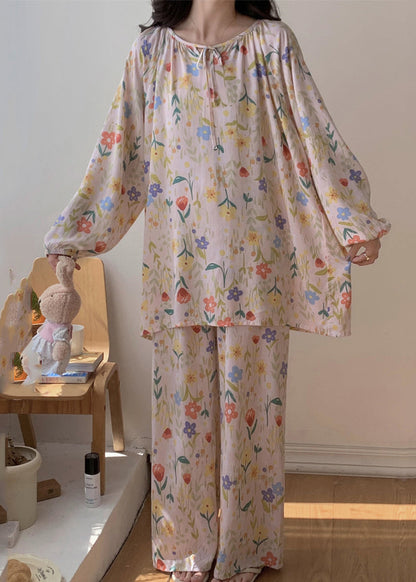 Cute Apricot O-Neck Print Silk Velvet Top And Pants Two Pieces Set Long Sleeve XS1005