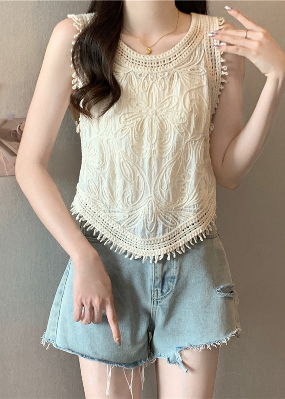 O-Neck Tassel Apricot Vest Lace Sleeveless Cute