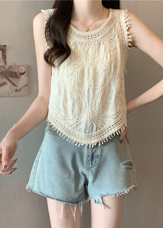 O-Neck Tassel Apricot Vest Lace Sleeveless Cute