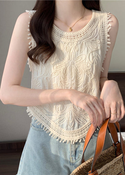 O-Neck Tassel Apricot Vest Lace Sleeveless Cute