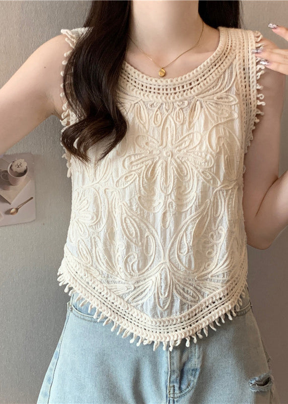O-Neck Tassel Apricot Vest Lace Sleeveless Cute