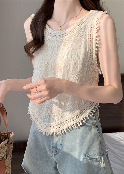 O-Neck Tassel Apricot Vest Lace Sleeveless Cute