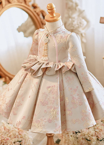 Cute Apricot Stand Collar Embroideried Ruffled Girls Maxi Dresses Spring YG005