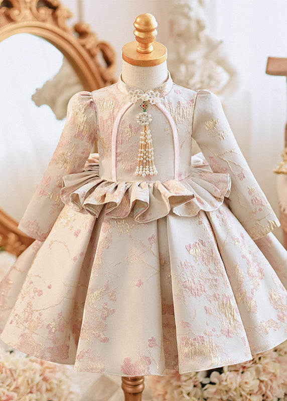 Cute Apricot Stand Collar Embroideried Ruffled Girls Maxi Dresses Spring YG005