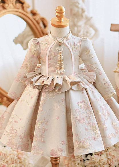 Cute Apricot Stand Collar Embroideried Ruffled Girls Maxi Dresses Spring YG005
