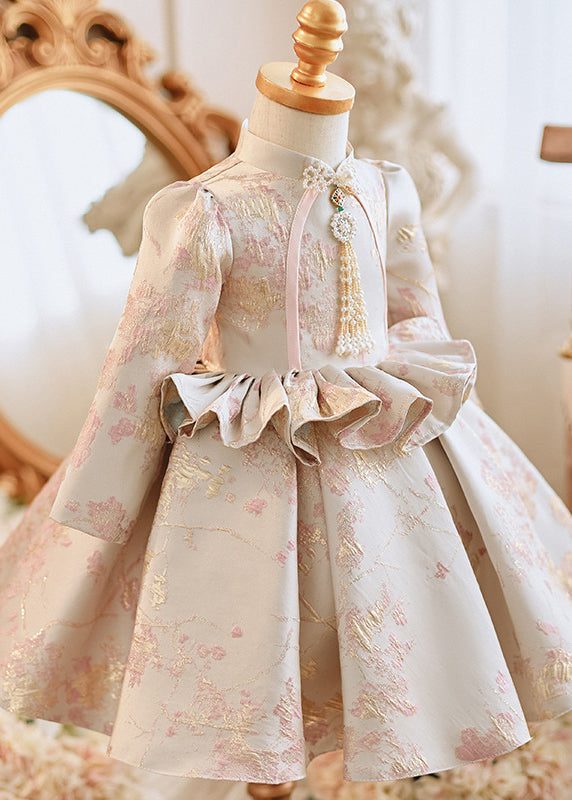 Cute Apricot Stand Collar Embroideried Ruffled Girls Maxi Dresses Spring YG005