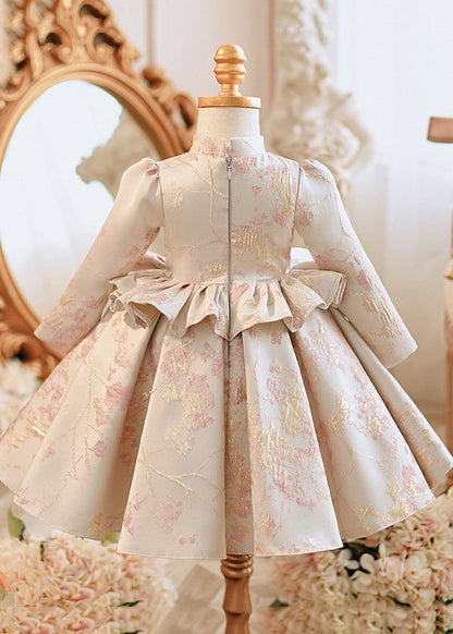Cute Apricot Stand Collar Embroideried Ruffled Girls Maxi Dresses Spring YG005
