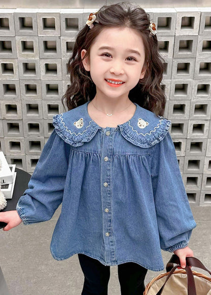 Cute Blue Peter Pan Button Collar Girls Shirt Long Sleeve YU1047