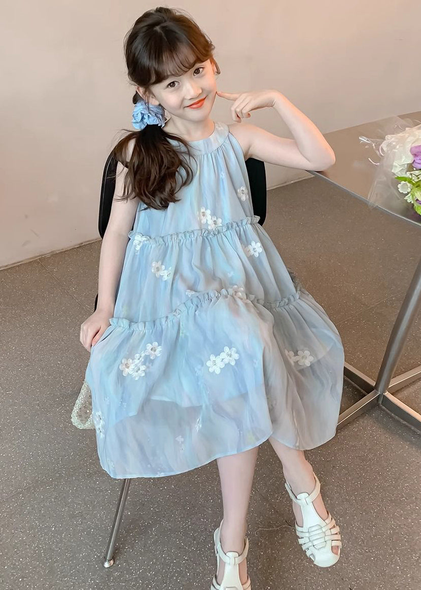 Cute Blue Ruffled Button Print Chiffon Girls Dress Sleeveless EW059