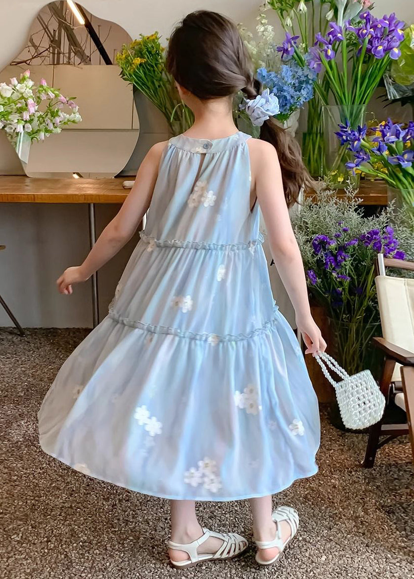 Cute Blue Ruffled Button Print Chiffon Girls Dress Sleeveless EW059
