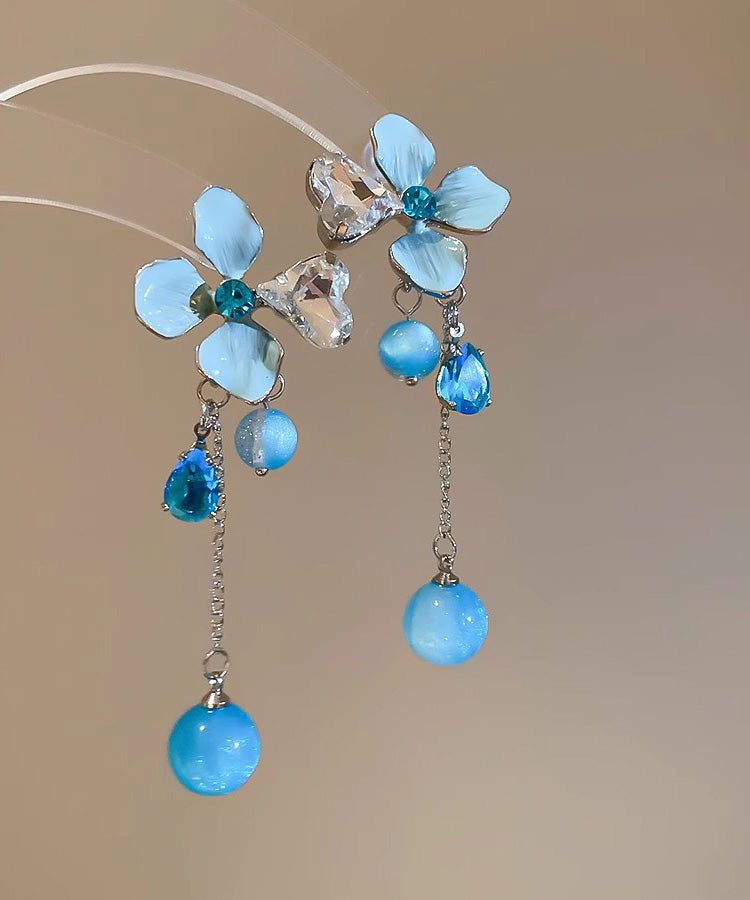 Blue Resin Silver Zircon Floral Drop Srerling Tassel Cute Alloy