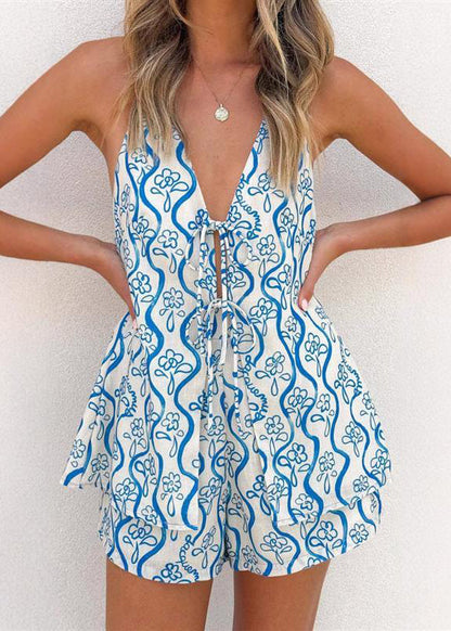 Tie Set Pieces Summer Lace Top And V Two Neck Shorts Cute Blue