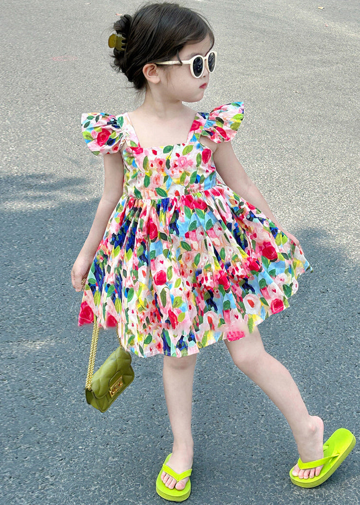 Cute Colorblock Backless Print Cotton Girls Mid Dress Summer EW039