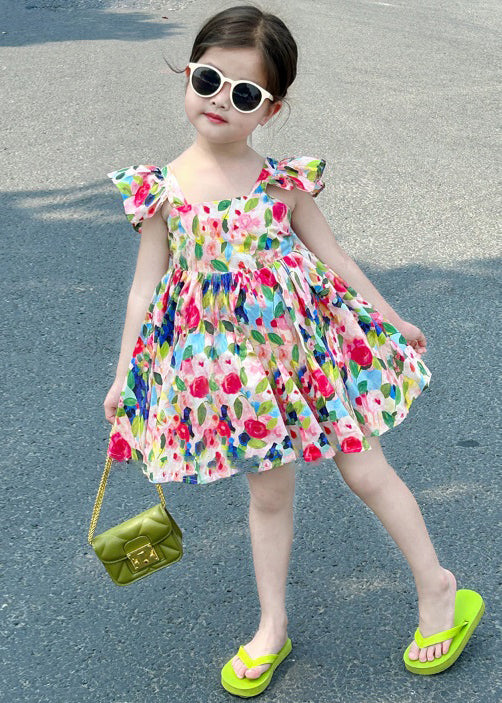 Cute Colorblock Backless Print Cotton Girls Mid Dress Summer EW039