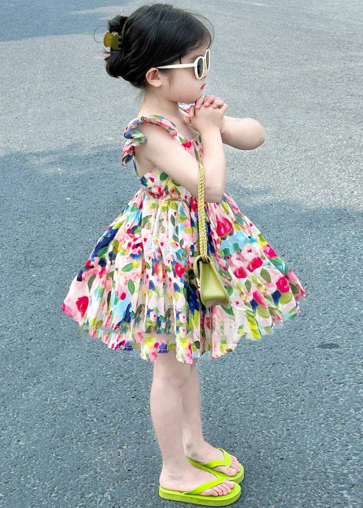 Cute Colorblock Backless Print Cotton Girls Mid Dress Summer EW039