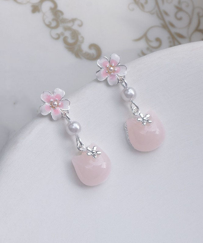 Cute Gold Sterling Silver Alloy Sakura Little Cat Drop Earrings QU045