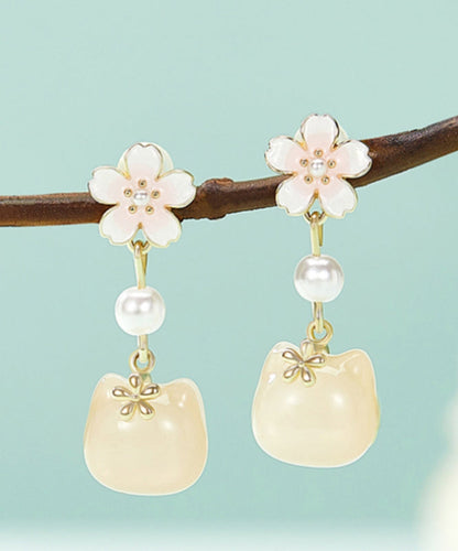 Cute Gold Sterling Silver Alloy Sakura Little Cat Drop Earrings QU045