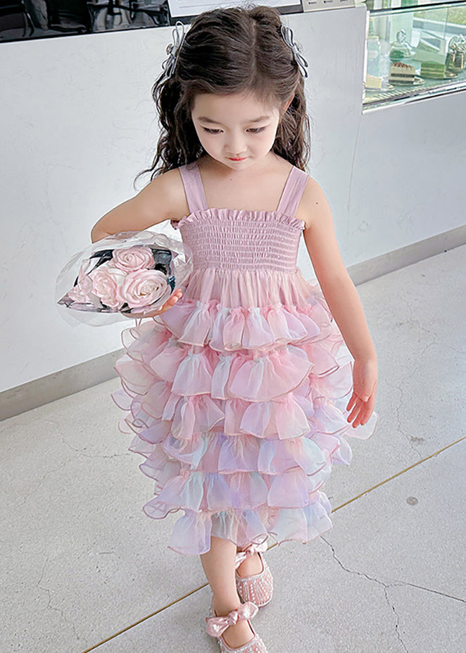 Cute Gradient Color Ruffled Tulle Girls Spaghetti Strap Dress Sleeveless TT044