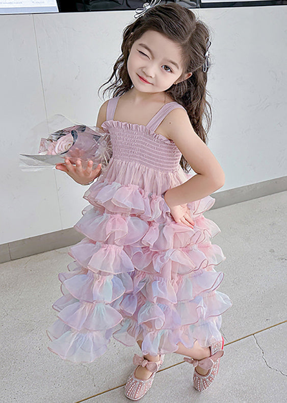 Cute Gradient Color Ruffled Tulle Girls Spaghetti Strap Dress Sleeveless TT044