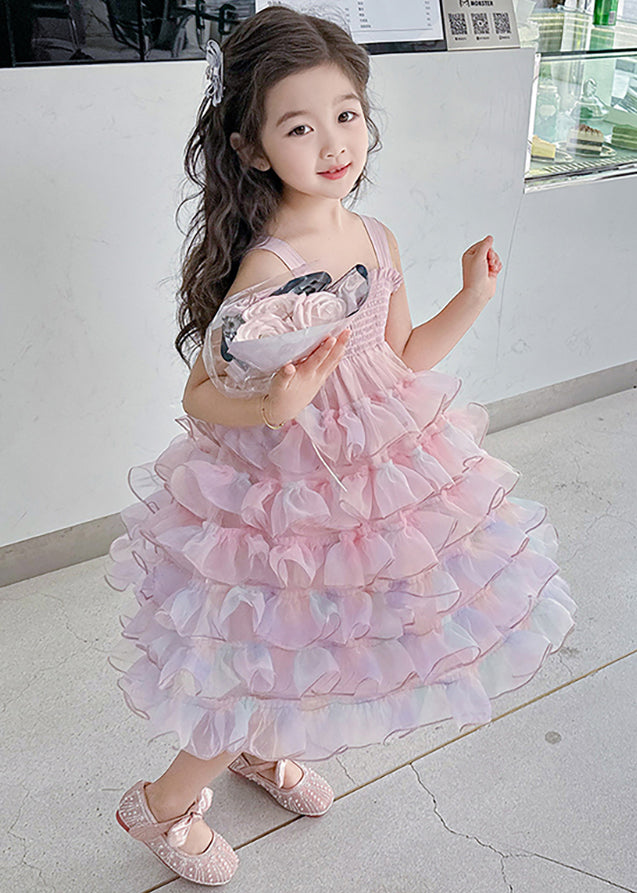 Cute Gradient Color Ruffled Tulle Girls Spaghetti Strap Dress Sleeveless TT044
