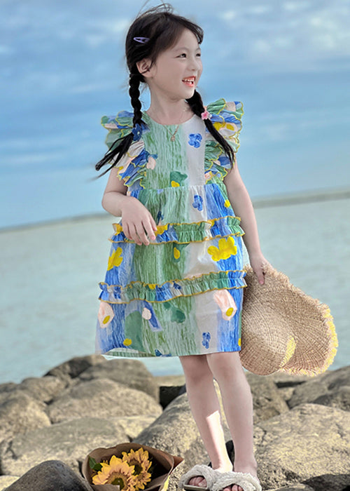 Cute Green Ruffled Print Cotton Girls Mid Dress Summer EW036