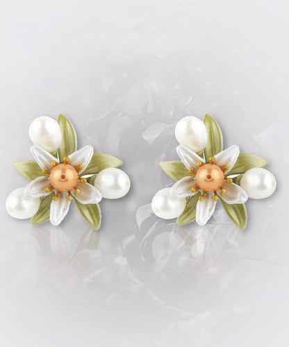 Silver Floral Cute Green Sterling Stud Pearl Copper Enamel