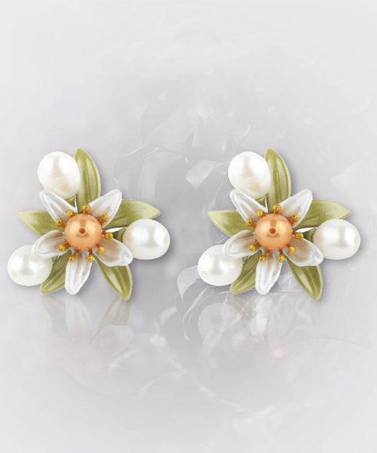 Silver Floral Cute Green Sterling Stud Pearl Copper Enamel