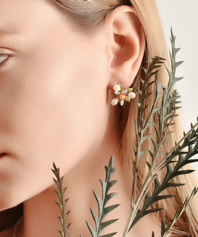 Silver Floral Cute Green Sterling Stud Pearl Copper Enamel