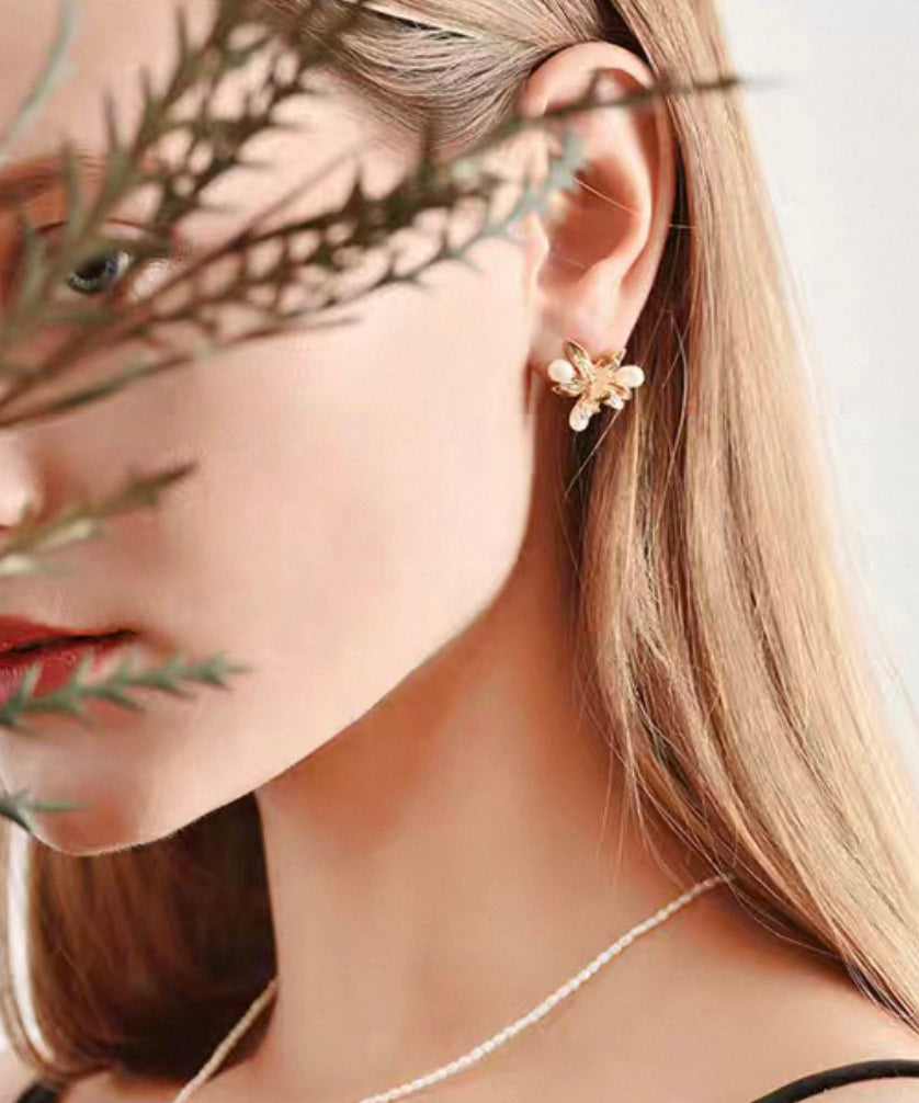 Silver Floral Cute Green Sterling Stud Pearl Copper Enamel