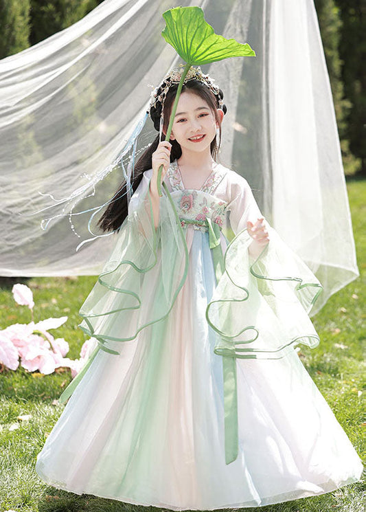 Spring Dresses Chiffon Cute Long Embroideried Kids Light Green