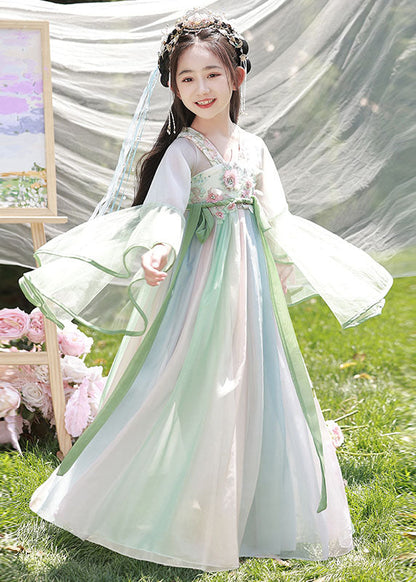 Spring Dresses Chiffon Cute Long Embroideried Kids Light Green